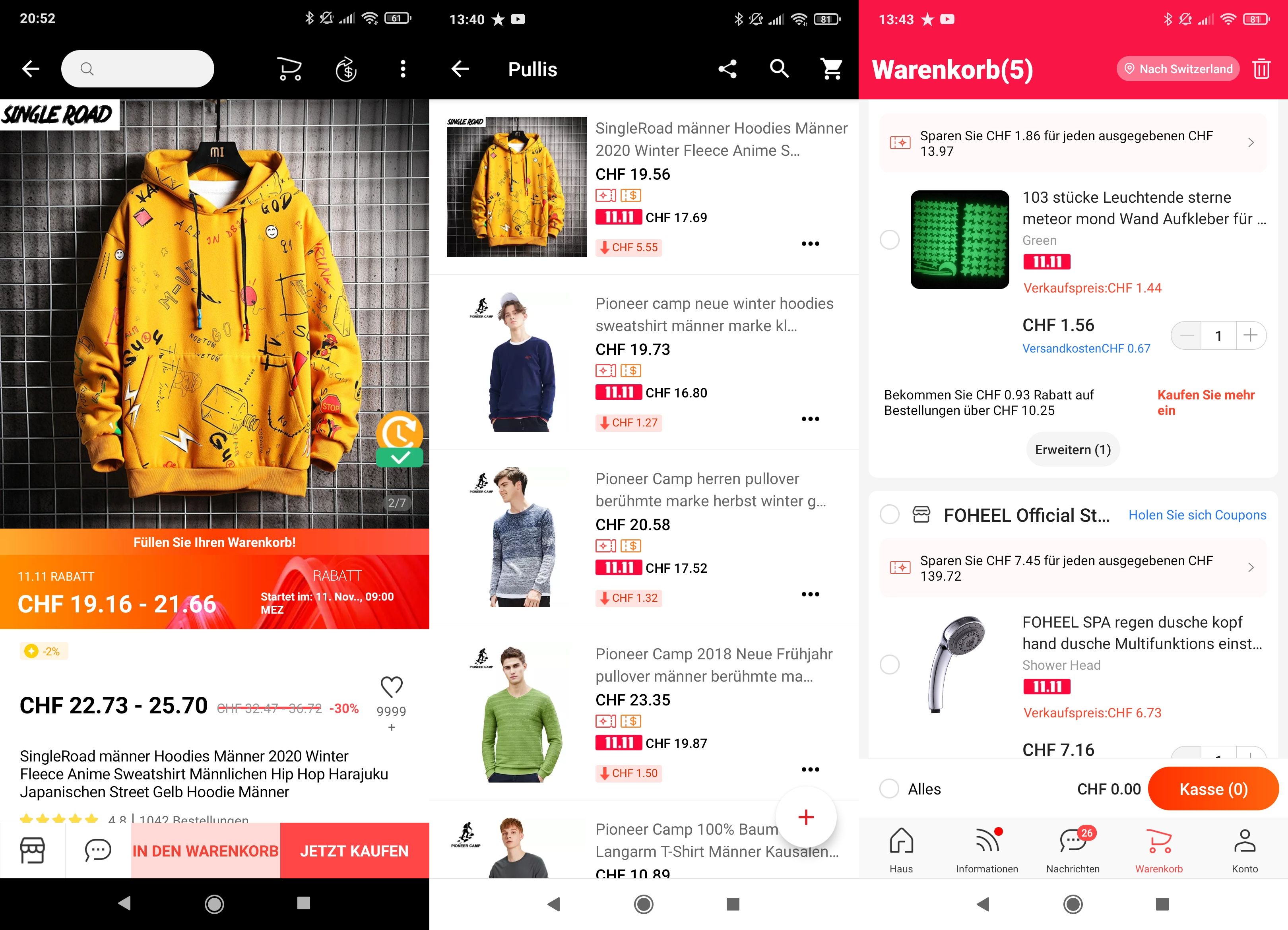 Ob beim einzelnen Produkt (links), in der Wunschliste (Mitte) oder im Warenkorb: Überall werden die möglichen Ersparnisse angezeigt. Im Warenkorb wird zusätzlich auf mögliche Zusatzersparnisse hingewiesen, die man erzielen kann, wenn man beim jeweiligen Shop noch mehr einkauft.
